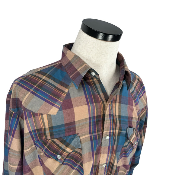 Ely Cattleman Western Shirt Men’s 2XL XXL Brown Blue Plaid Pearl Snap Button-Up - Picture 2 of 9